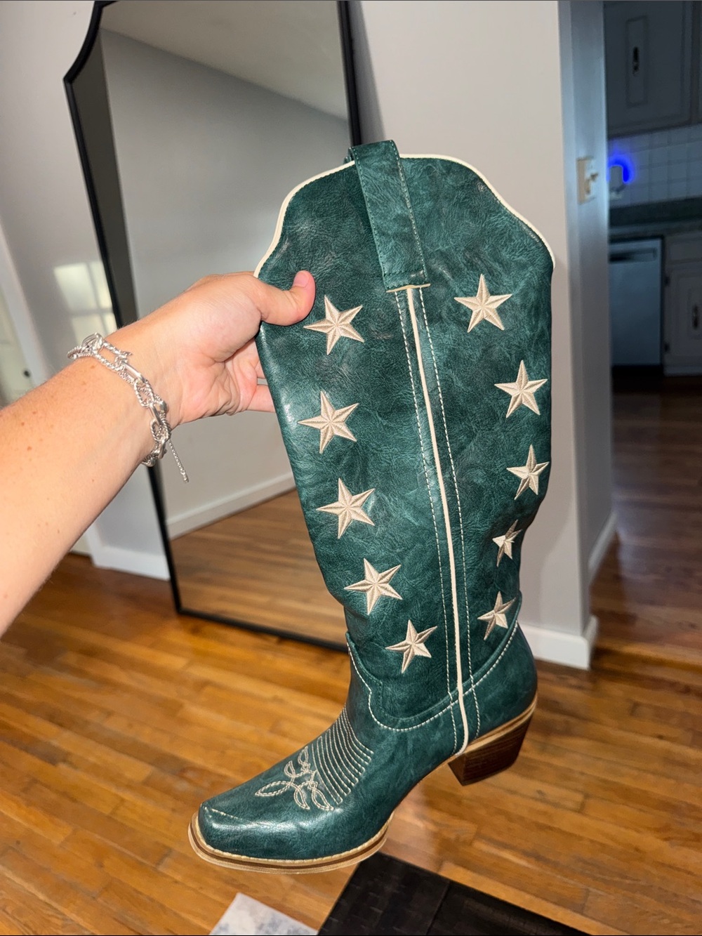 Green Star Embroidered Knee-High Western Boots